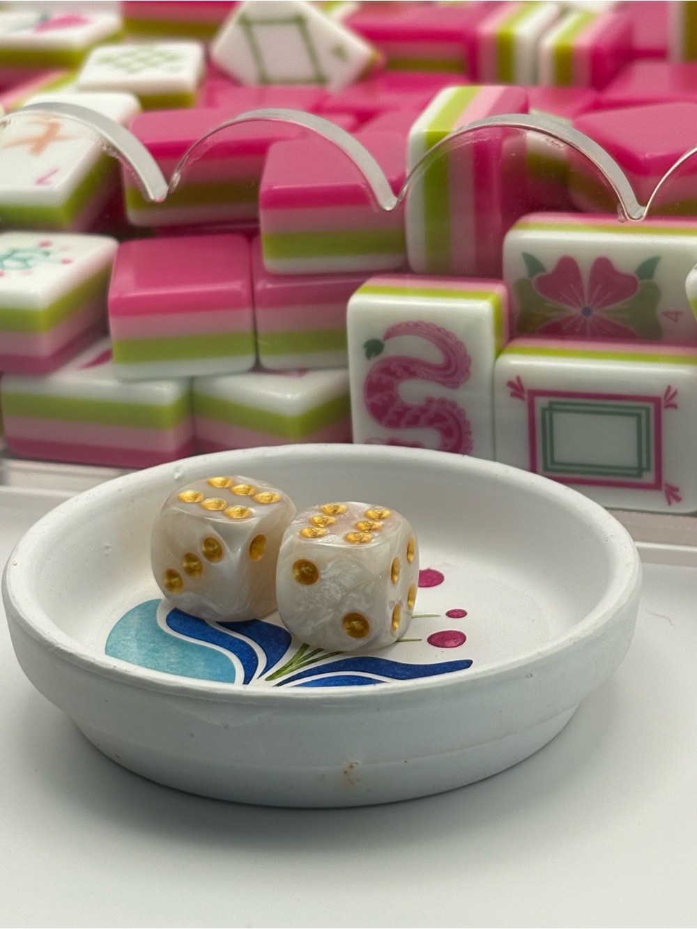 kmw33303 custom listing Pearlescent Gold-Accented Dice in Floral Dish